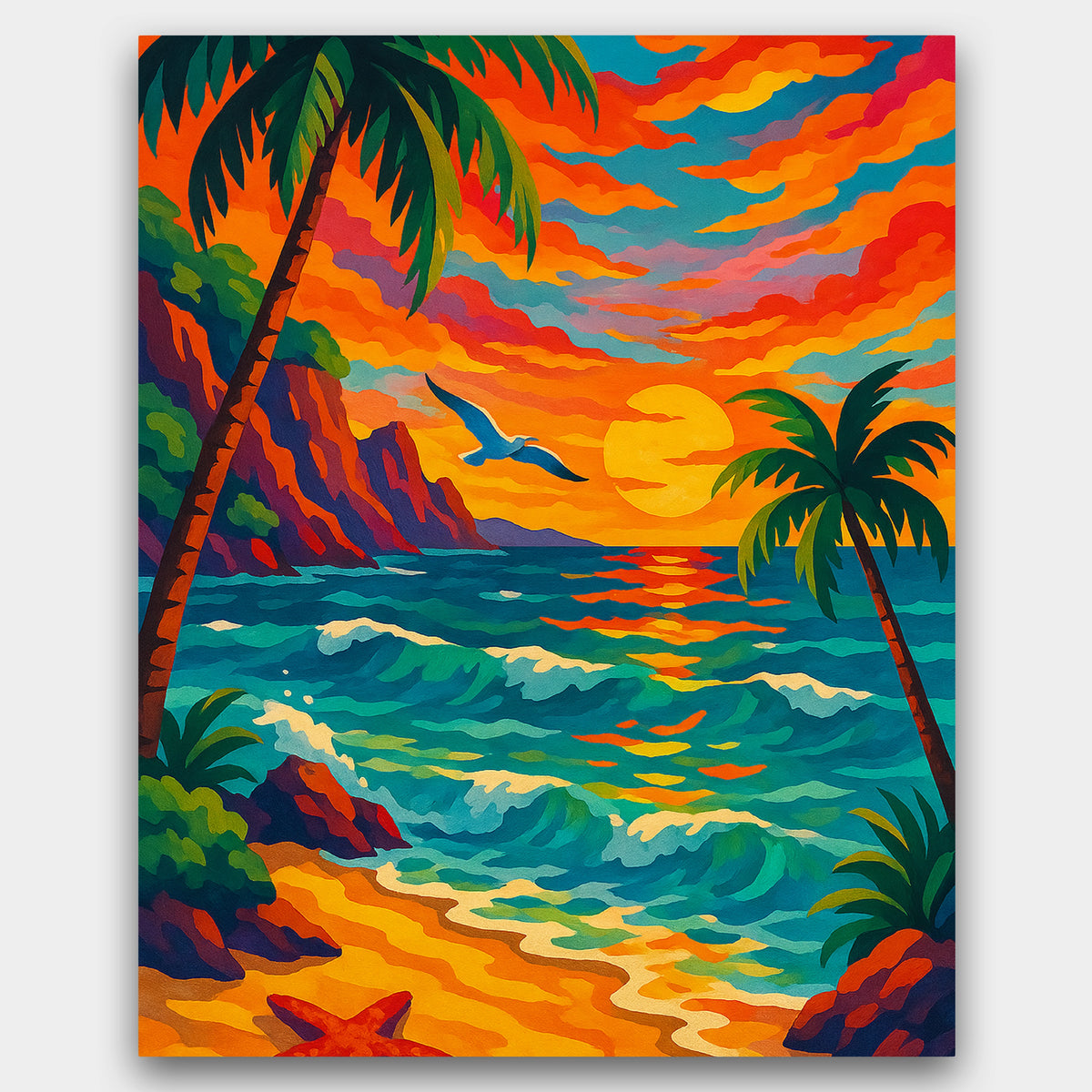 Colorful tropical beach scene with palm trees, sunset, and ocean waves.
