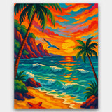 Colorful tropical beach scene with palm trees, sunset, and ocean waves.