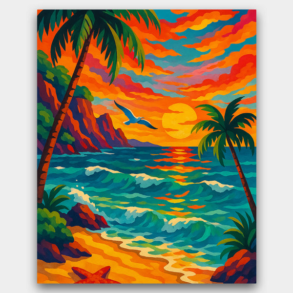 Colorful tropical beach scene with palm trees, sunset, and ocean waves.