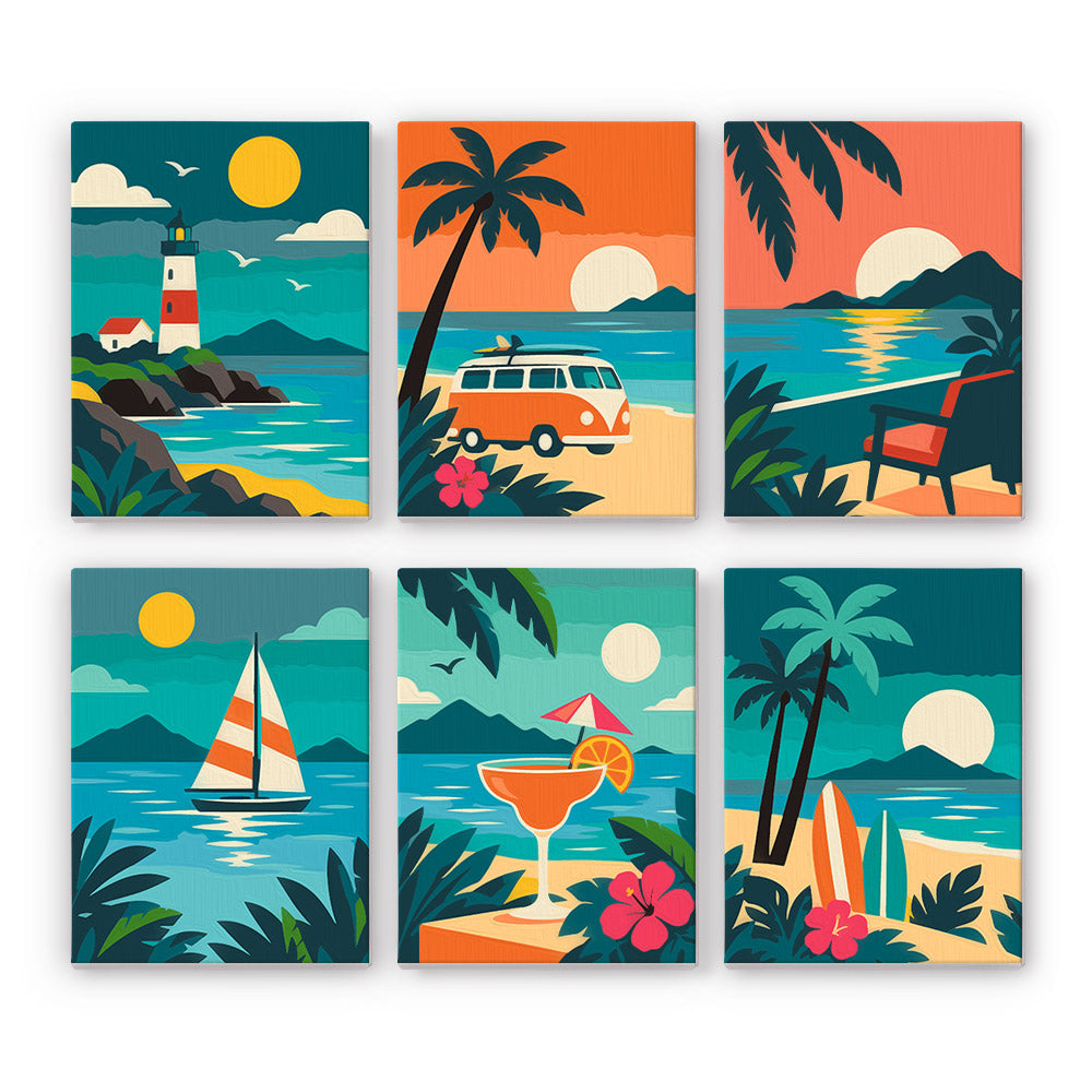 Tropical Sunsets mini paint by numbers set: six designs of a lighthouse, beach van, palms, sailboat, cocktail and surfboards