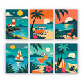 Tropical Sunsets mini paint by numbers set: six designs of a lighthouse, beach van, palms, sailboat, cocktail and surfboards
