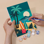 Hand holding a Tropical Sunsets mini canvas while painting the details
