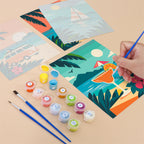 Filling in a Tropical Sunsets mini canvas with numbered acrylic paints and a fine brush