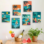 Six finished Tropical Sunsets mini paintings hung on a wall above a table