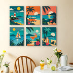 Tropical Sunsets mini paintings displayed as a gallery wall in a sunny kitchen