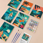 Tropical Sunsets mini paint by numbers kit with six numbered canvases, acrylic paints, brushes and layout