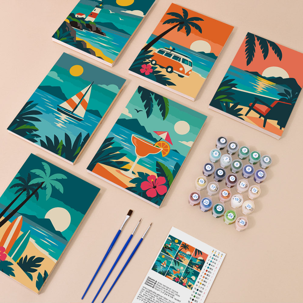 Tropical Sunsets mini paint by numbers kit with six numbered canvases, acrylic paints, brushes and layout