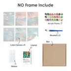 What's included without a frame: six rolled Tropical Sunsets mini canvases, acrylic paints, three brushes and layout