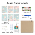 What's included pre-stretched on frame: six framed Tropical Sunsets mini canvases, paints, three brushes, hangers and layout