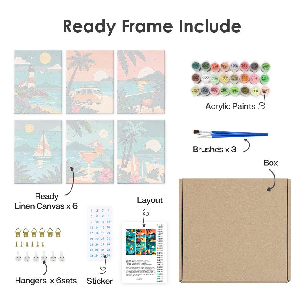 What's included pre-stretched on frame: six framed Tropical Sunsets mini canvases, paints, three brushes, hangers and layout