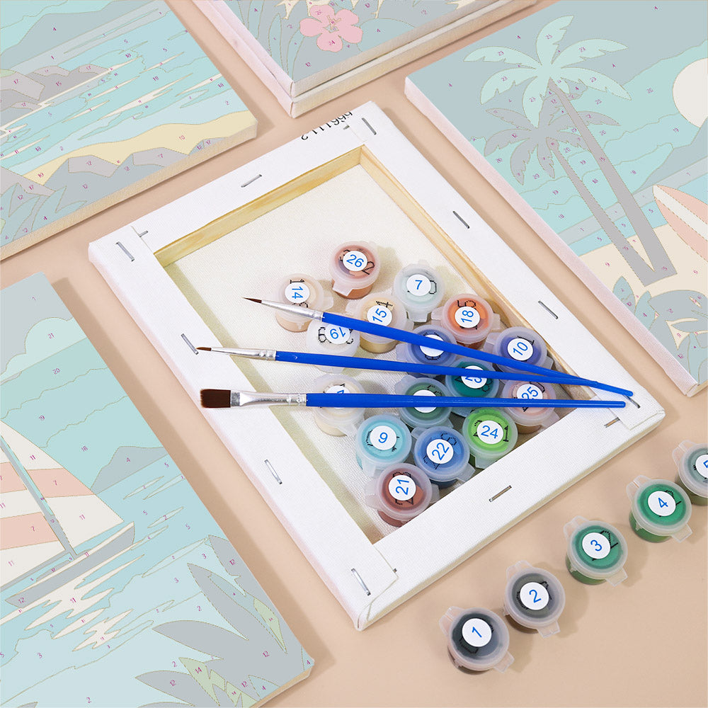 Numbered paint pots and brushes on a pre-stretched Tropical Sunsets mini canvas