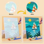 Before and after of a Tropical Sunsets mini paint by numbers canvas