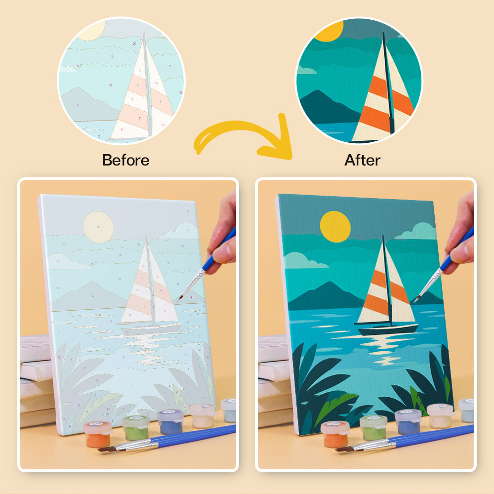 Before and after of a Tropical Sunsets mini paint by numbers canvas