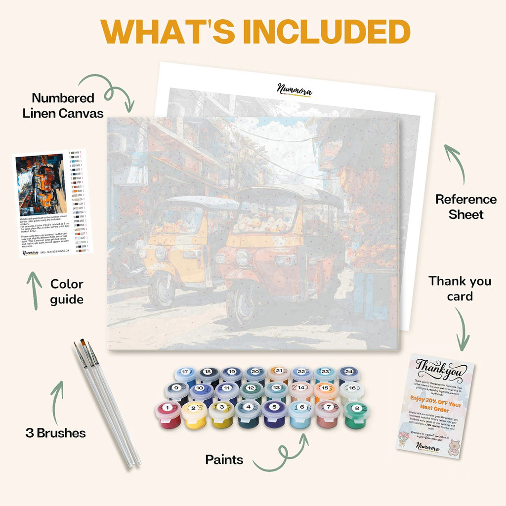 What's included in the Tropical Tuk-Tuk Market paint by numbers kit: numbered linen canvas, reference sheet, color guide, 24 acrylic paints, 3 brushes and thank you card