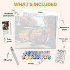 What's included in the Tropical Tuk-Tuk Market paint by numbers kit: numbered linen canvas, reference sheet, color guide, 24 acrylic paints, 3 brushes and thank you card