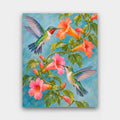 Trumpet Vine Visitors paint by numbers kit of two hummingbirds feeding at orange and pink trumpet flowers on a teal background