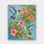Trumpet Vine Visitors paint by numbers kit of two hummingbirds feeding at orange and pink trumpet flowers on a teal background