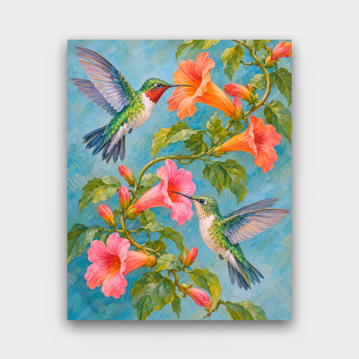 Trumpet Vine Visitors paint by numbers kit of two hummingbirds feeding at orange and pink trumpet flowers on a teal background