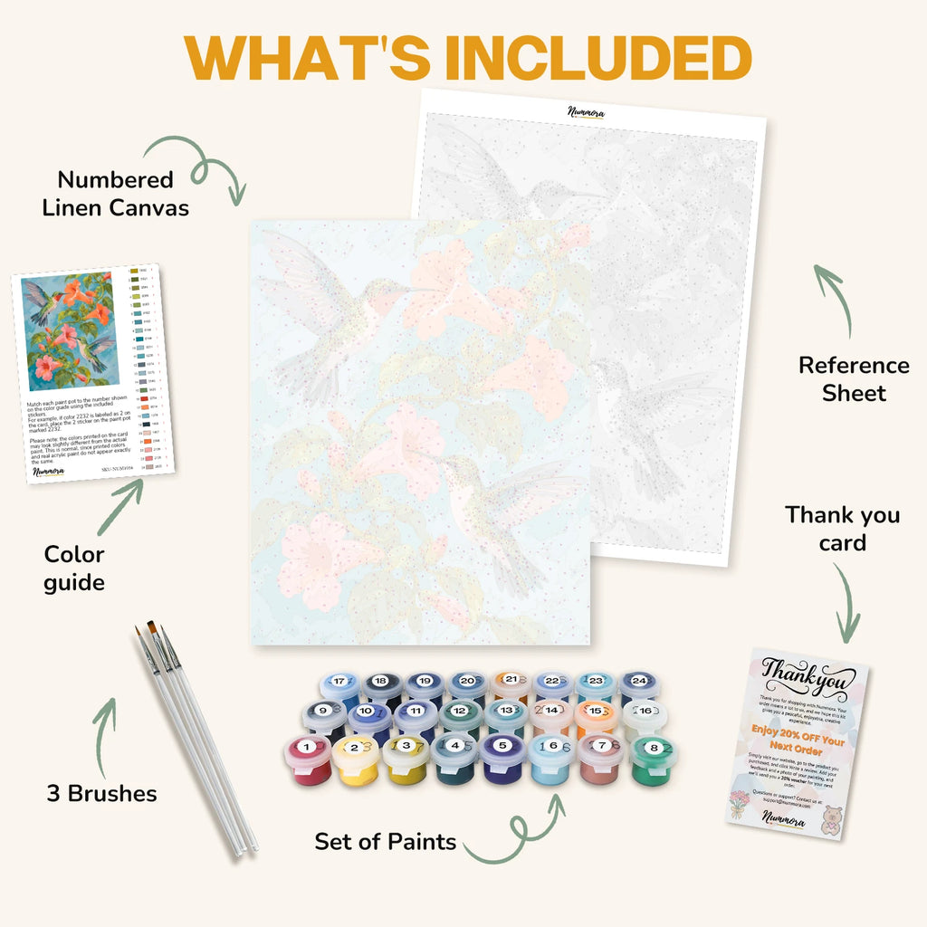 What's included in the Trumpet Vine Visitors paint by numbers kit: numbered linen canvas, reference sheet, color guide, 24 acrylic paints, 3 brushes and thank you card