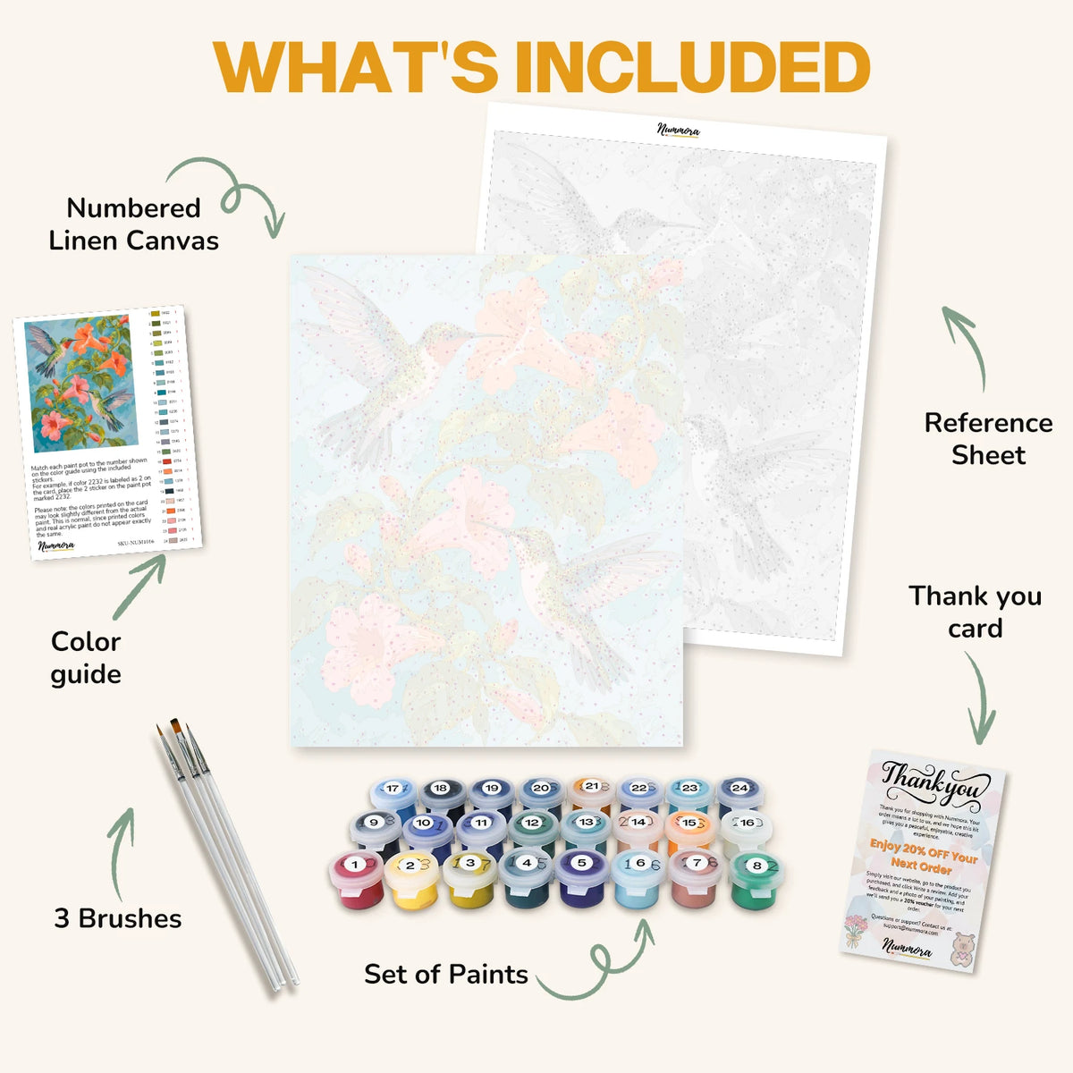 What's included in the Trumpet Vine Visitors paint by numbers kit: numbered linen canvas, reference sheet, color guide, 24 acrylic paints, 3 brushes and thank you card