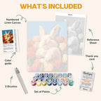 What's included in the Tulip Haven paint by numbers kit: numbered linen canvas, reference sheet, color guide, 24 acrylic paints, 3 brushes and thank you card