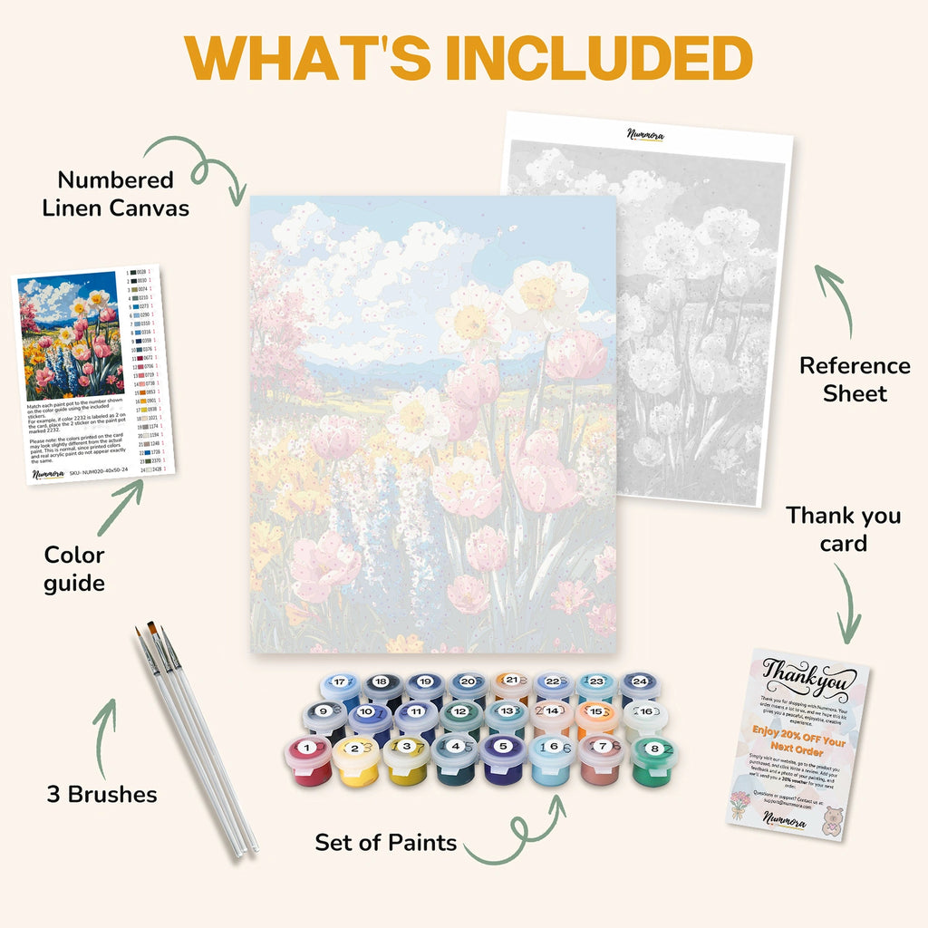 What's included in the Tulips and Daffodils in Harmony paint by numbers kit: numbered linen canvas, reference sheet, color guide, 24 acrylic paints, 3 brushes and thank you card