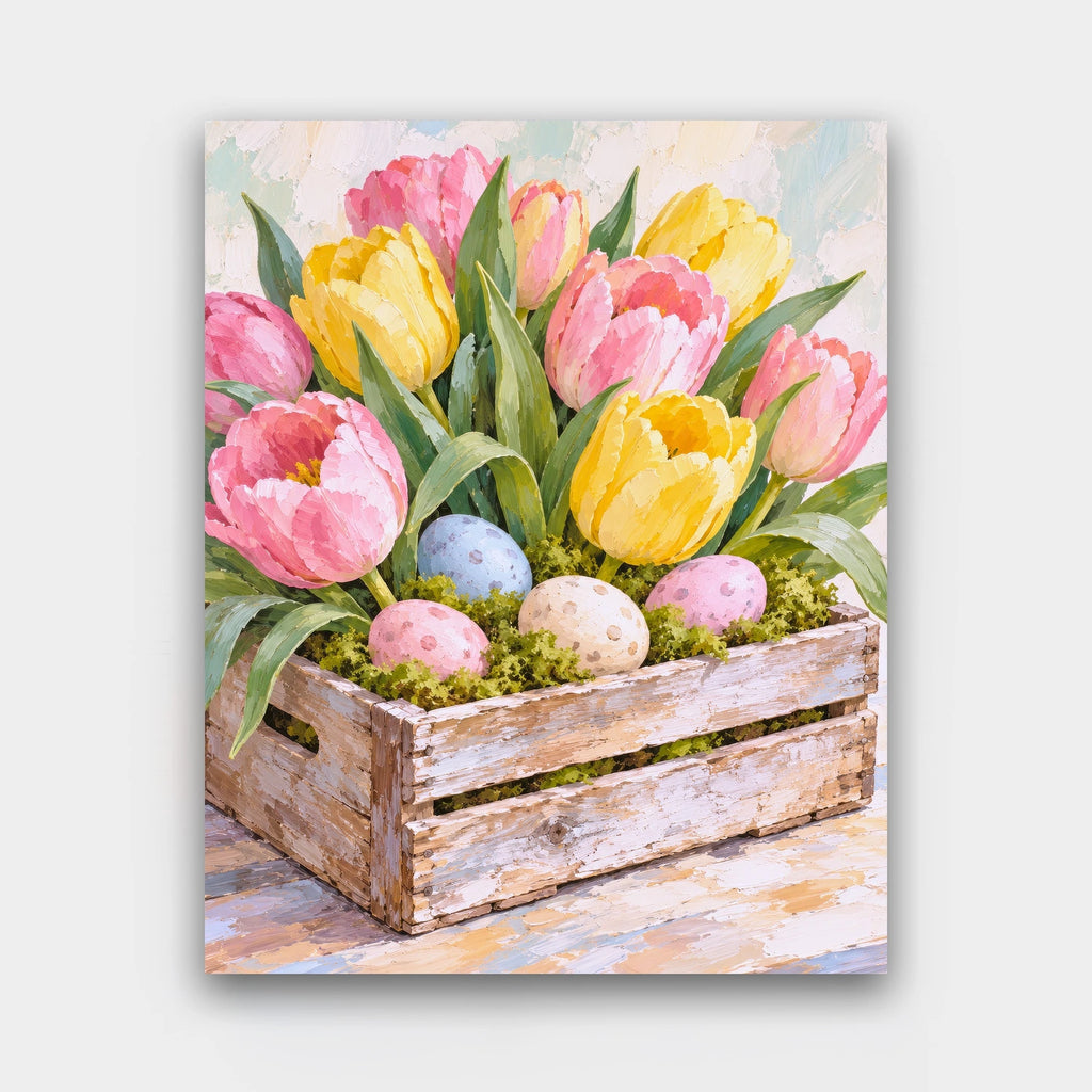 Tulips and Speckled Eggs paint by numbers kit of pink and yellow tulips in a wooden crate with pastel speckled eggs in moss