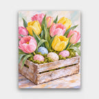 Tulips and Speckled Eggs paint by numbers kit of pink and yellow tulips in a wooden crate with pastel speckled eggs in moss