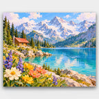 Turquoise Alpine Lake paint by numbers kit of a turquoise alpine lake with a cabin, wildflowers and snowy peaks