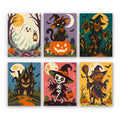 Twilight Harvest Frights mini paint by numbers set: six twilight Halloween scenes with a ghost, black cat, scarecrows, a haunted house and a skeleton witch