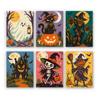 Twilight Harvest Frights mini paint by numbers set: six twilight Halloween scenes with a ghost, black cat, scarecrows, a haunted house and a skeleton witch