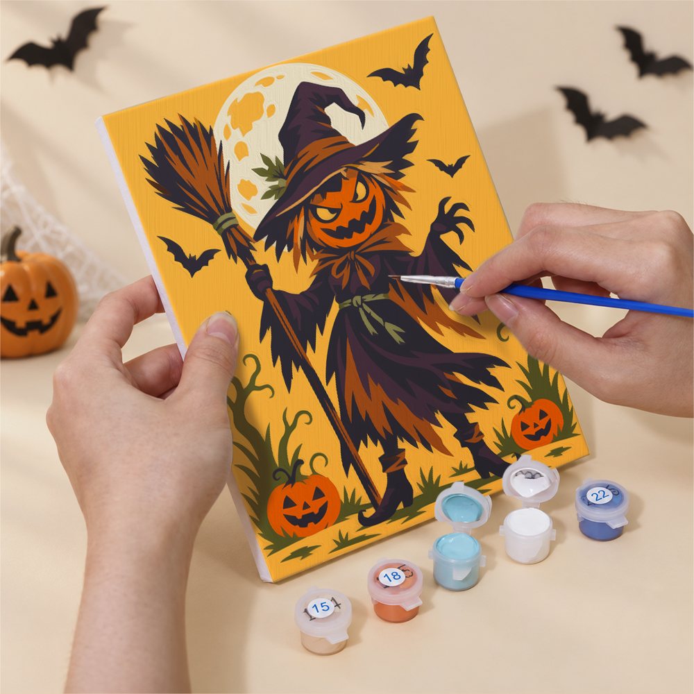 Numbered paint pots and brushes on a pre-stretched Twilight Harvest Frights mini canvas