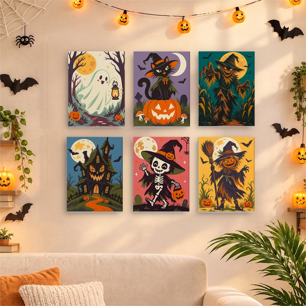 Before and after of a Twilight Harvest Frights mini paint by numbers canvas