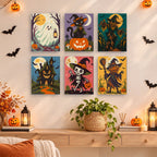 Painting a Twilight Harvest Frights mini canvas propped up beside numbered acrylic paints