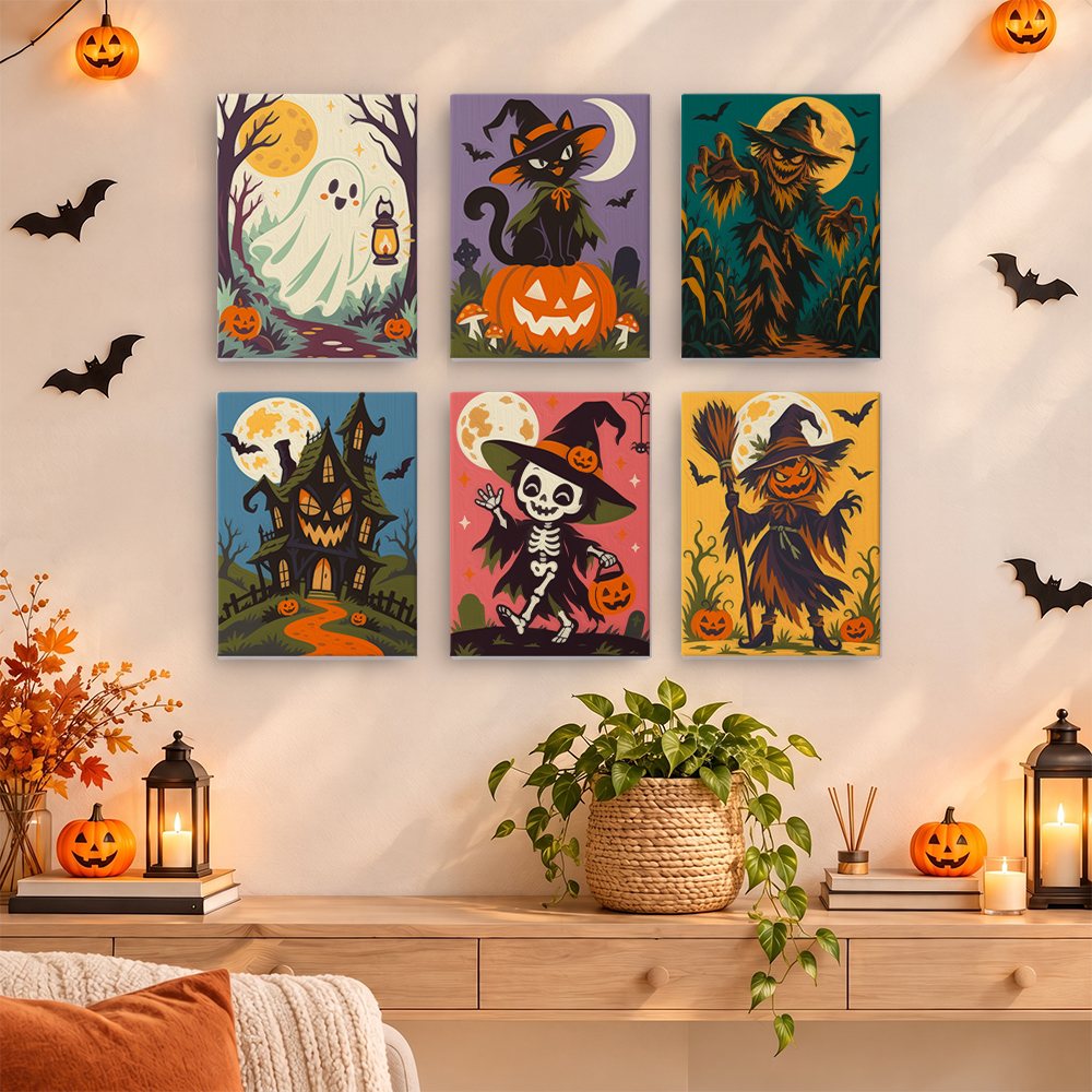 Painting a Twilight Harvest Frights mini canvas propped up beside numbered acrylic paints