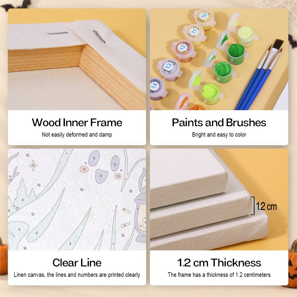 Twilight Harvest Frights mini paint by numbers kit with six numbered canvases, acrylic paints, brushes and layout