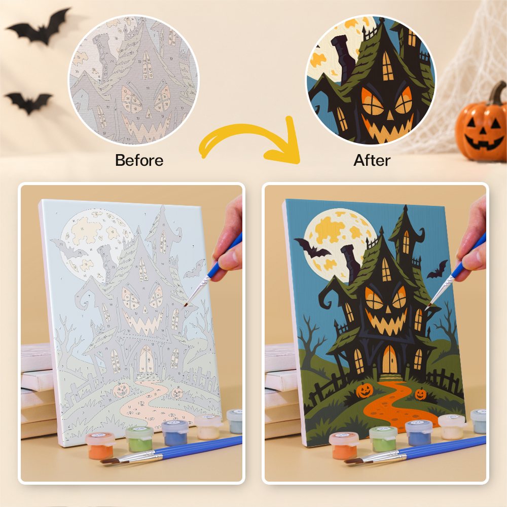 What's included without a frame: six rolled Twilight Harvest Frights mini canvases, acrylic paints, three brushes and layout
