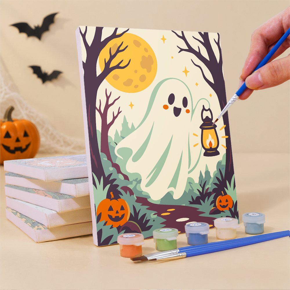 What's included pre-stretched on frame: six framed Twilight Harvest Frights mini canvases, paints, three brushes, hangers and layout