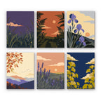 Twilight Meadows mini paint by numbers set: six nature scenes of grasses, ferns, irises, hills, lavender and ginkgo at dusk