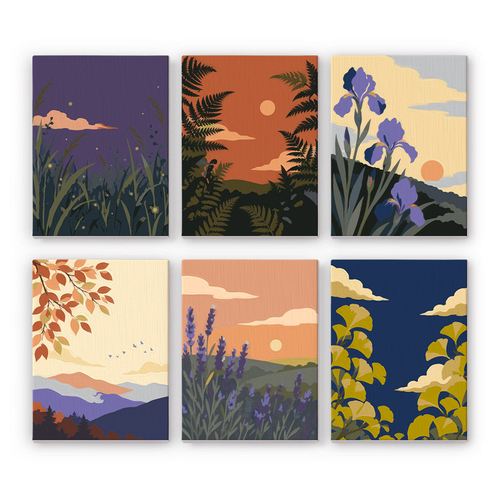 Twilight Meadows mini paint by numbers set: six nature scenes of grasses, ferns, irises, hills, lavender and ginkgo at dusk