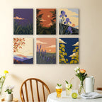 Twilight Meadows mini paintings displayed as a gallery wall in a sunny kitchen