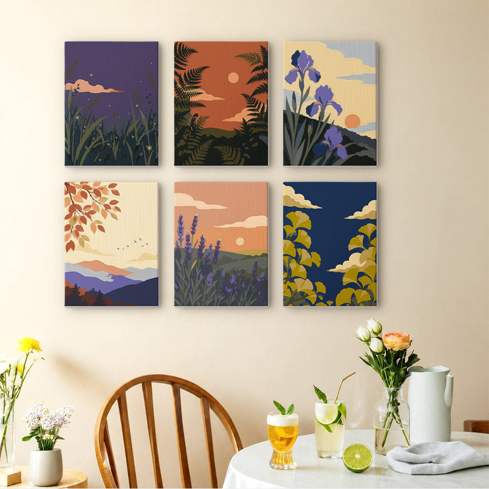 Twilight Meadows mini paintings displayed as a gallery wall in a sunny kitchen