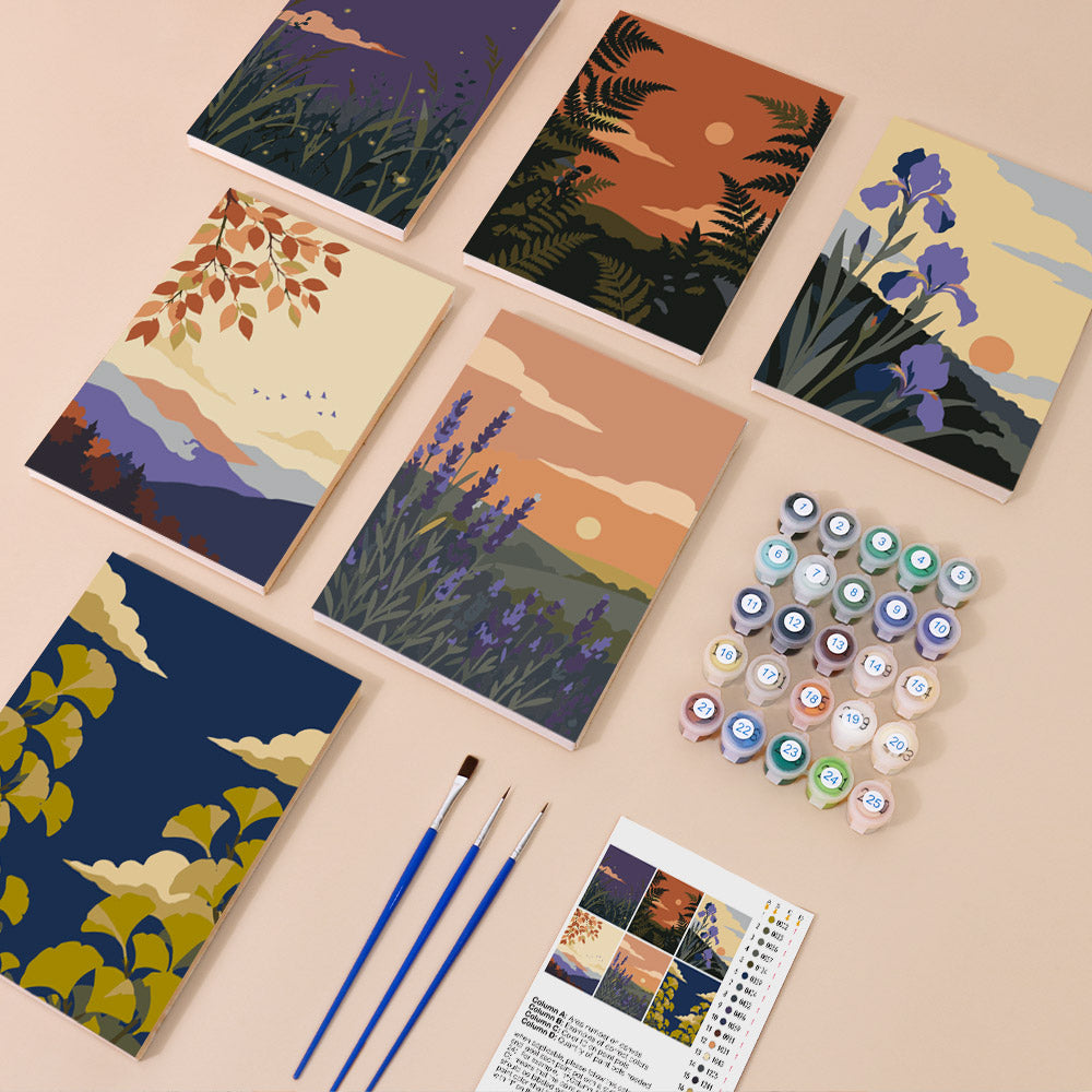 Twilight Meadows mini paint by numbers kit with six numbered canvases, acrylic paints, brushes and layout