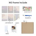 What's included without a frame: six rolled Twilight Meadows mini canvases, acrylic paints, three brushes and layout