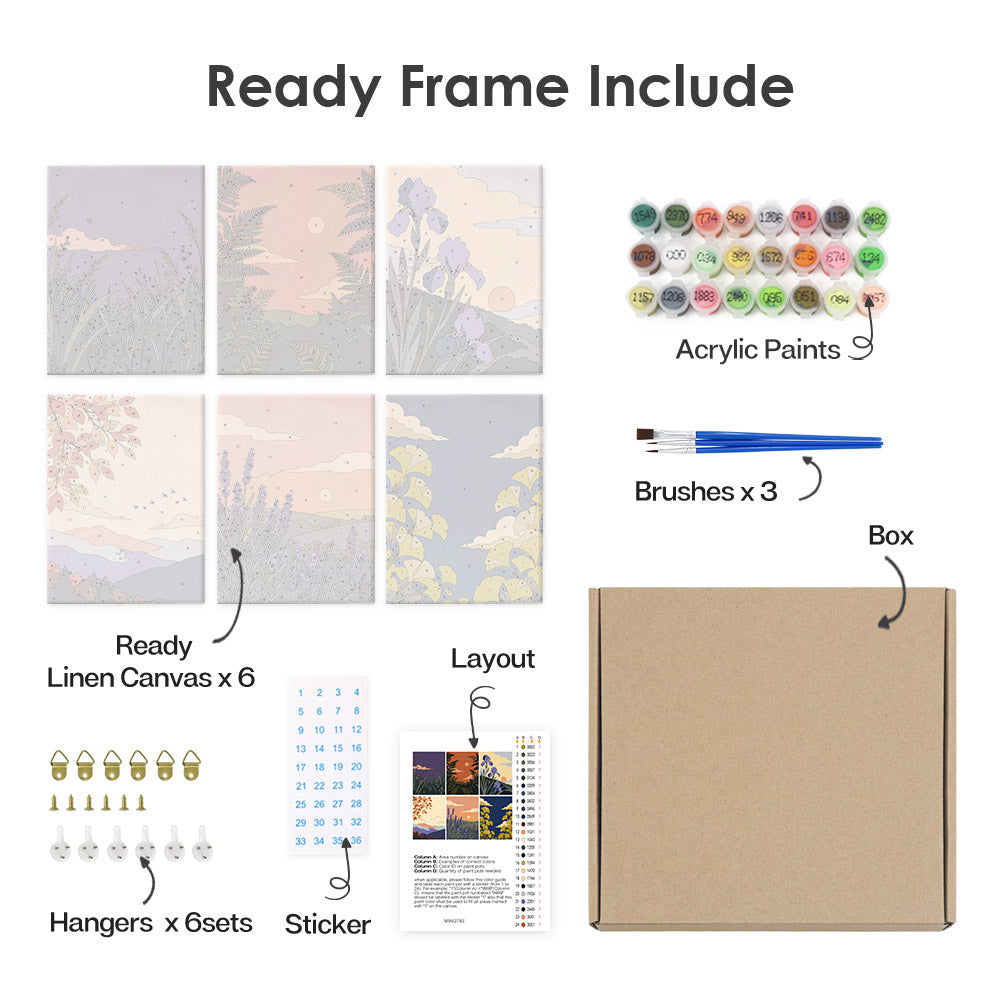What's included pre-stretched on frame: six framed Twilight Meadows mini canvases, paints, three brushes, hangers and layout