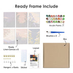 What's included pre-stretched on frame: six framed Twilight Meadows mini canvases, paints, three brushes, hangers and layout