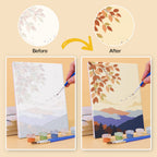 Before and after of a Twilight Meadows mini paint by numbers canvas