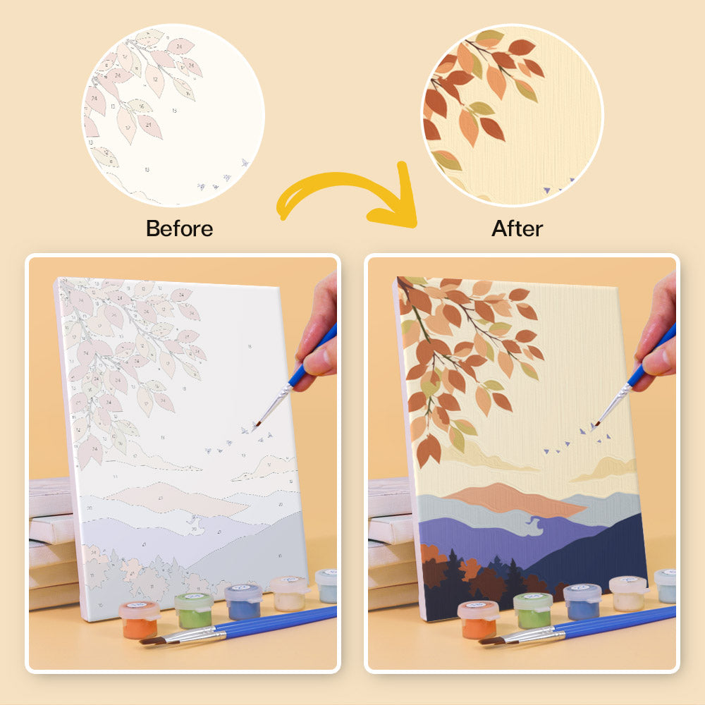 Before and after of a Twilight Meadows mini paint by numbers canvas