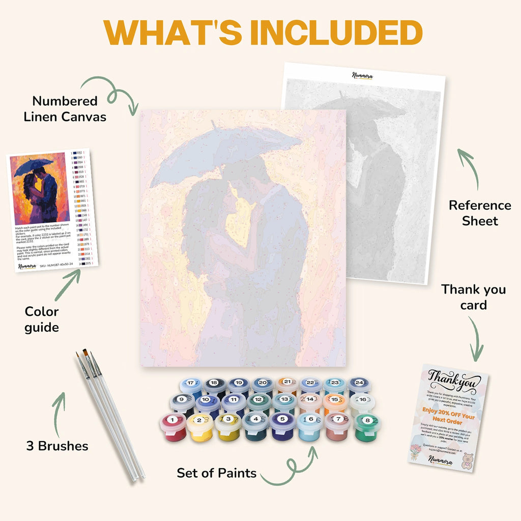 What's included in the Umbrella of Love paint by numbers kit: numbered linen canvas, reference sheet, color guide, 24 acrylic paints, 3 brushes and thank you card