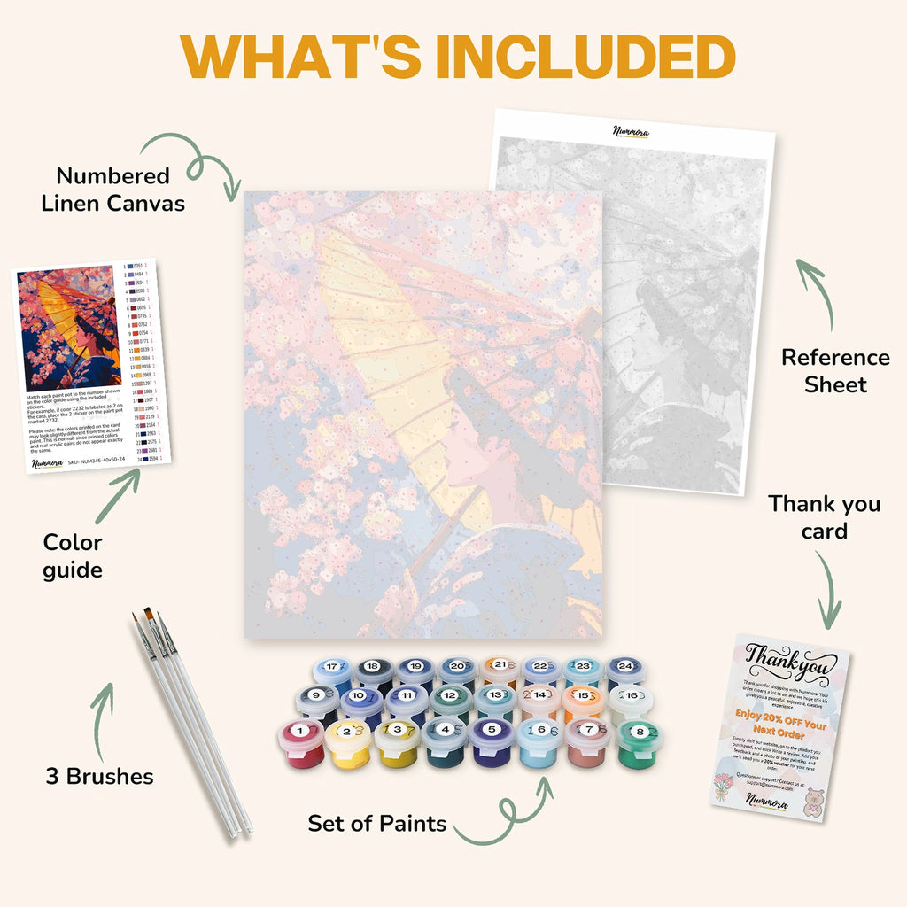 What's included in the Umbrella of Spring paint by numbers kit: numbered linen canvas, reference sheet, color guide, 24 acrylic paints, 3 brushes and thank you card